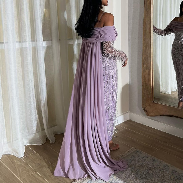 Dreamy Vow Luxury Tassel Lilac Off Shoulder Evening Dress with Cape SS138