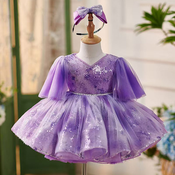 DreamyVow Lilac Knee Length 1st Birthday Girl Dress Puffy Sleeve J307