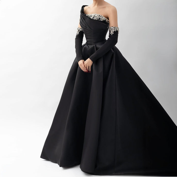 Dreamy Vow Elegant Black Satin Crystal One Shoulder Evening Dress SF272