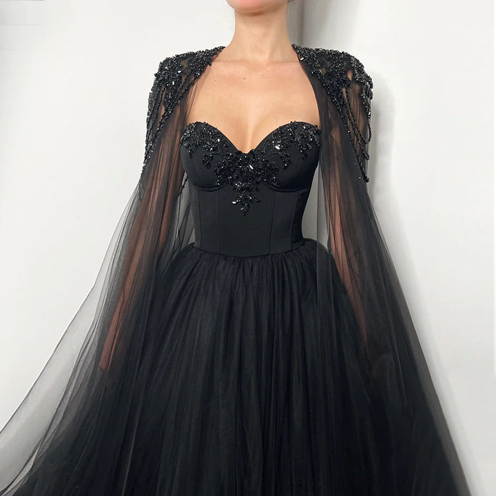 Gothic Black Tulle Evening Dress with Cape Sleeves SS394