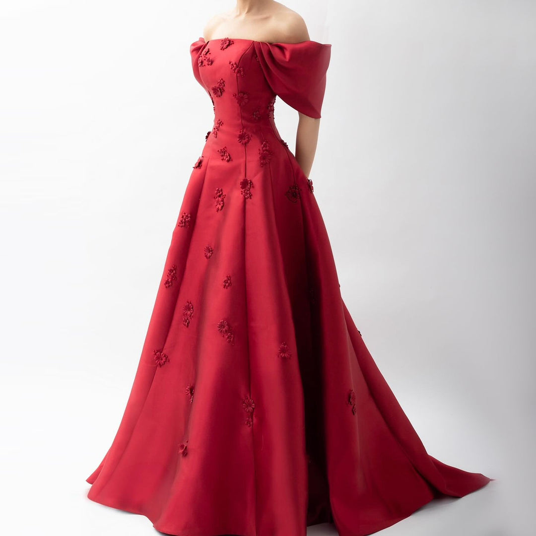 Dreamy Vow Elegant 3D Flowers Off Shoulder Red Evening Dress SF273