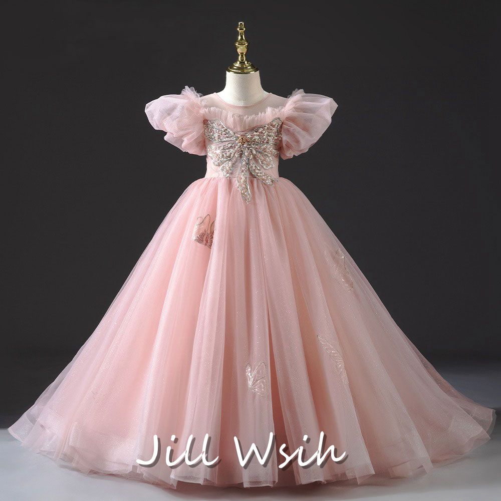 DreamyVow Luxury Princess Dusty Pink Girl Dress Dubai Tulle Pearls Beading J022