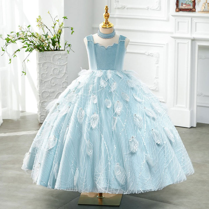 DreamyVow Luxury Dubai Sky Blue Girl dresses High-Neck Feather Arabic Princess Kids Birthday Wedding Party Ball Gown J128