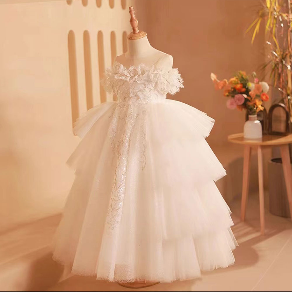 DreamyVow Elegant White Flower Girl Dress Lace Arabic Princess Gown J249