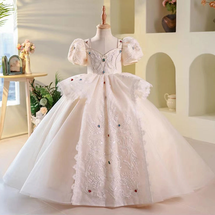 DreamyVow Luxury Elegant White Flower Girl Dress Beads Arabic Princess Kids J248