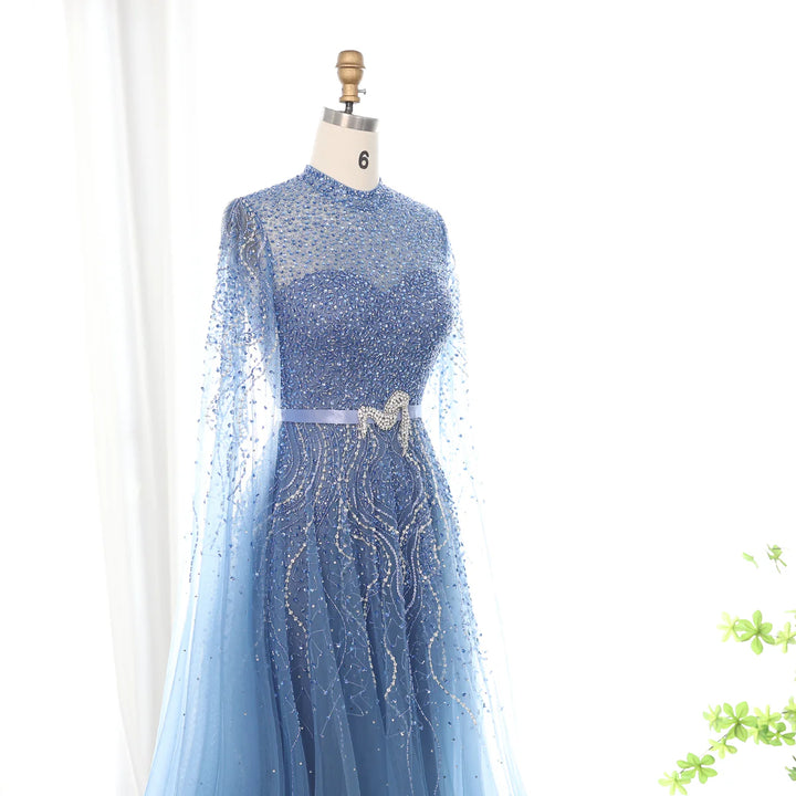 Dreamy Vow Luxury Dubai Blue Arabic Evening Dress with Cape Sleeves Elegant High Neck Muslim Women Wedding Party Gowns SS451