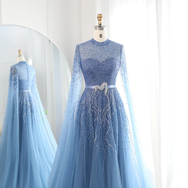 Dreamy Vow Luxury Dubai Blue Arabic Evening Dress with Cape Sleeves Elegant High Neck Muslim Women Wedding Party Gowns SS451