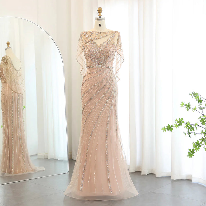 Luxury Champagne Dubai Mermaid Evening Dress with Cape Formal Prom Gwns SS122