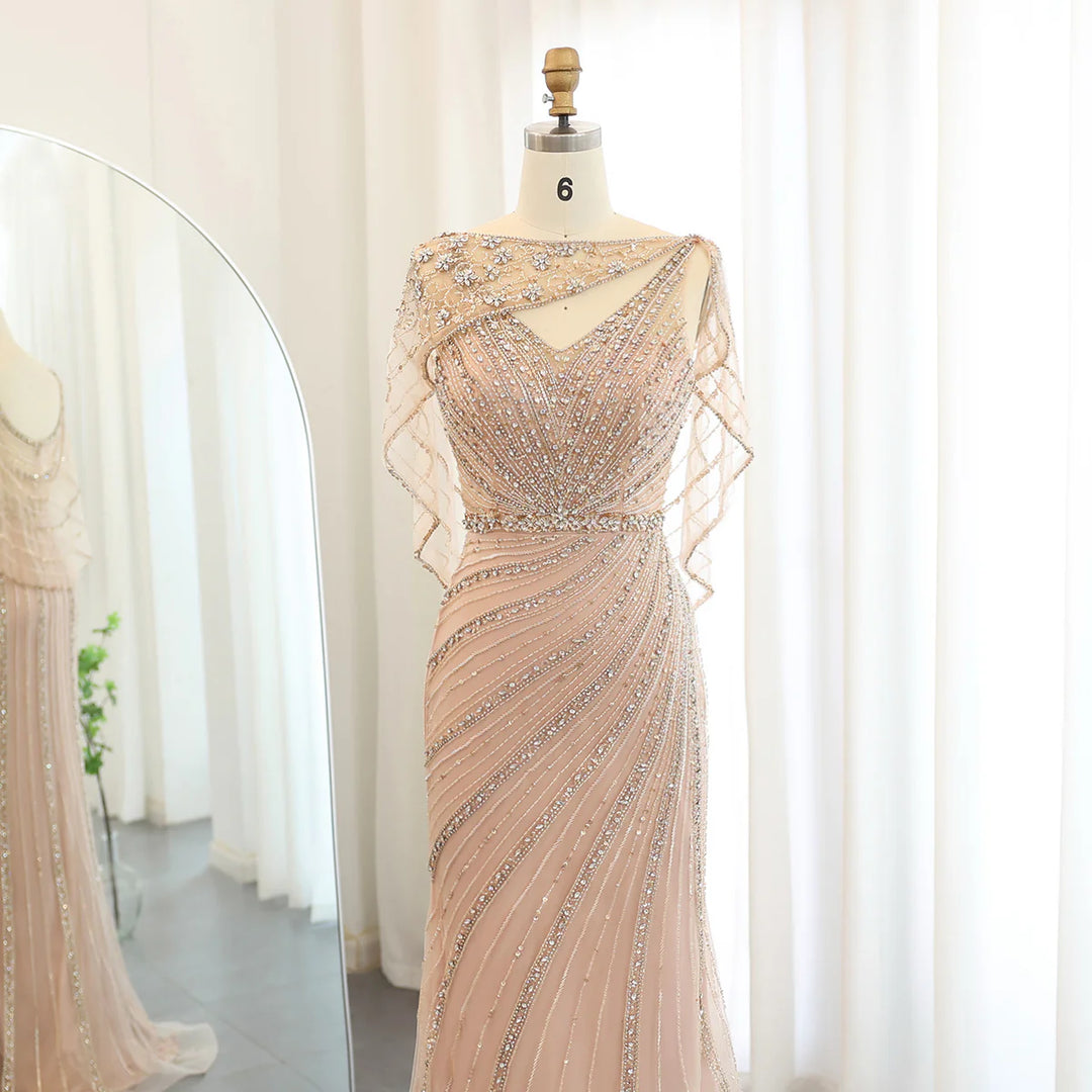 Luxury Champagne Dubai Mermaid Evening Dress with Cape Formal Prom Gwns SS122