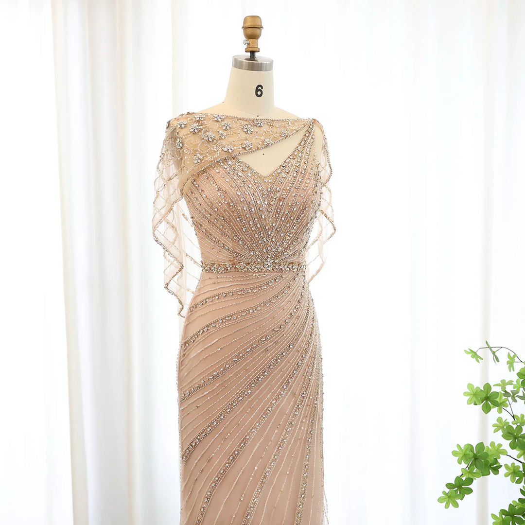 Luxury Champagne Dubai Mermaid Evening Dress with Cape Formal Prom Gwns SS122