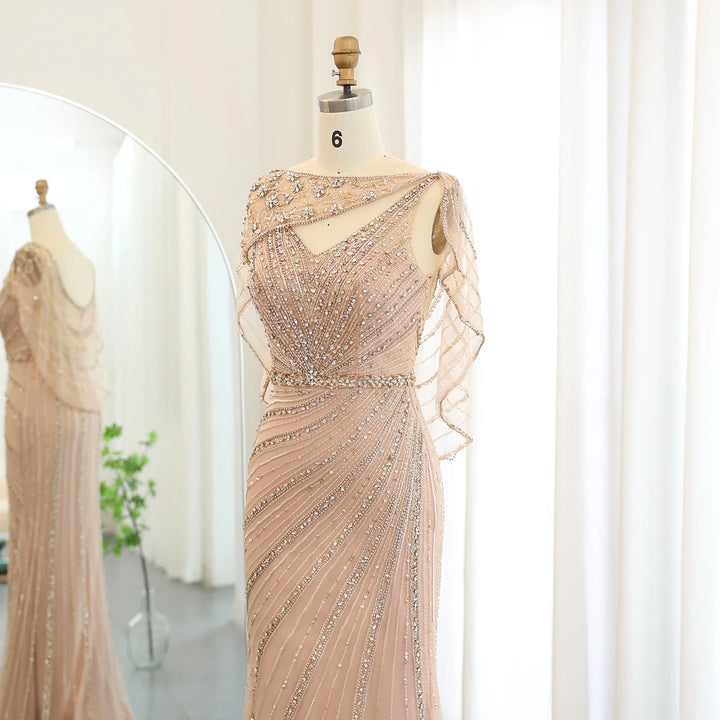 Luxury Champagne Dubai Mermaid Evening Dress with Cape Formal Prom Gwns SS122