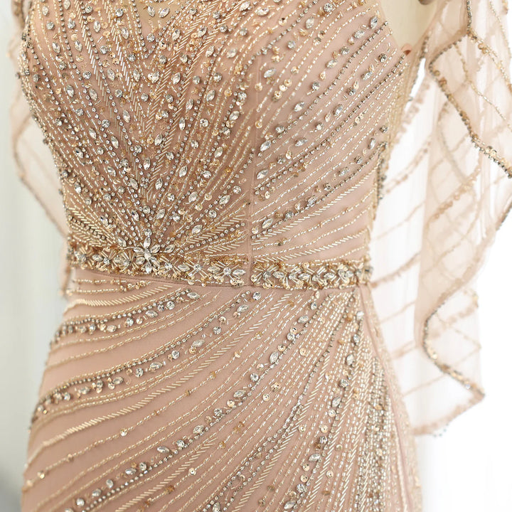 Luxury Champagne Dubai Mermaid Evening Dress with Cape Formal Prom Gwns SS122