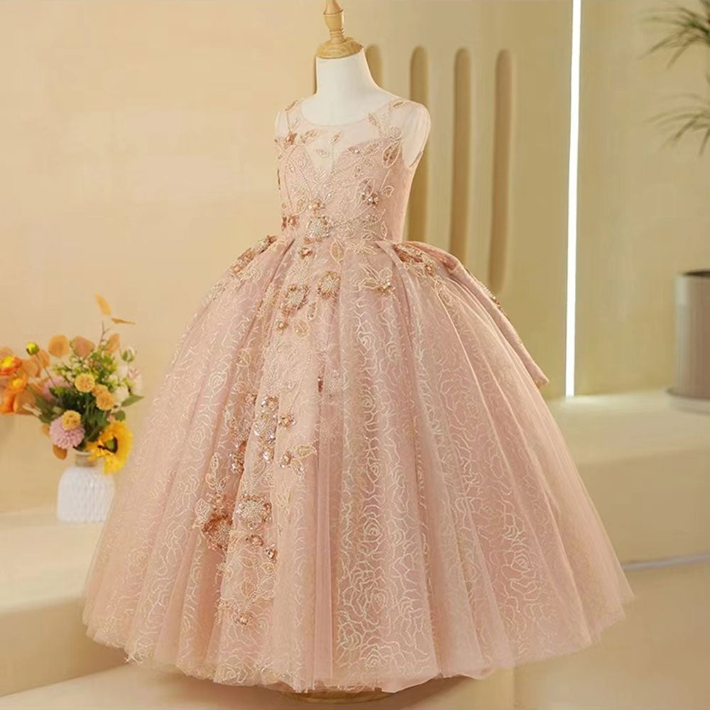 Dreamy Luxury Arabic Pink Girl Dress Dubai Kids Birthday Wedding Party Gown J217-DreamyVow