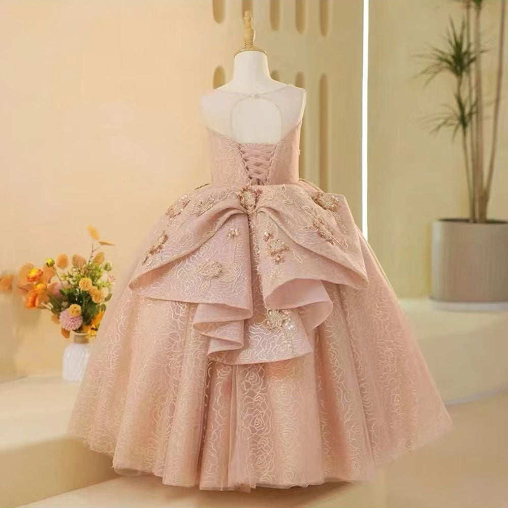 Dreamy Luxury Arabic Pink Girl Dress Dubai Kids Birthday Wedding Party Gown J217-DreamyVow