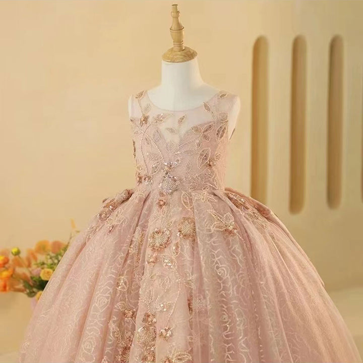 Dreamy Luxury Arabic Pink Girl Dress Dubai Kids Birthday Wedding Party Gown J217-DreamyVow