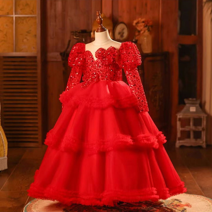 DreamyVow Red Girl Dress Sequined Long Sleeve  Birthday Wedding Party Gown J224