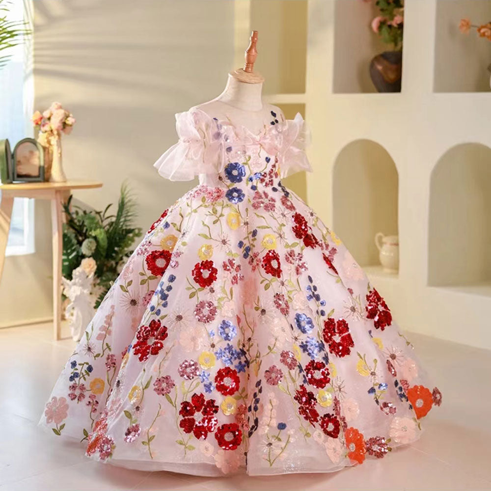 DreamyVow Luxury Sequined Floral Long Birthday Girl Dress J236