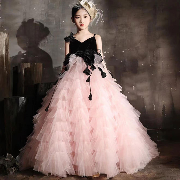 Dreamy Elegant Pink Dubai Girl Dress Flowers Arabic Princess Kids Wedding Birthday Party J269