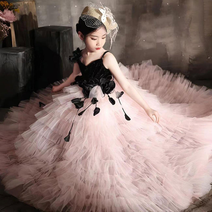 Dreamy Elegant Pink Dubai Girl Dress Flowers Arabic Princess Kids Wedding Birthday Party J269