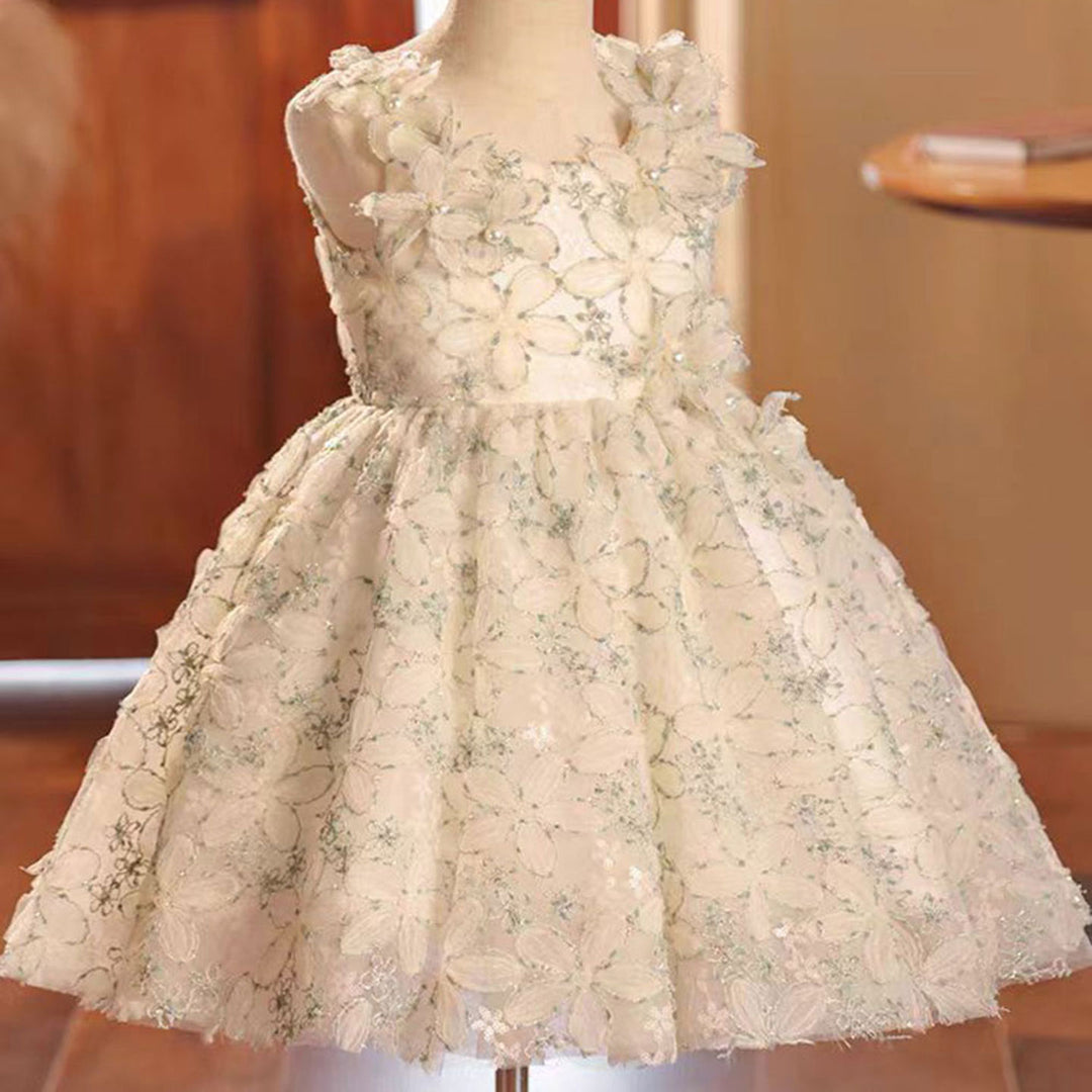 DreamyVow Elegant Beige Flower Girl Dress Knee Length with Flowers J040