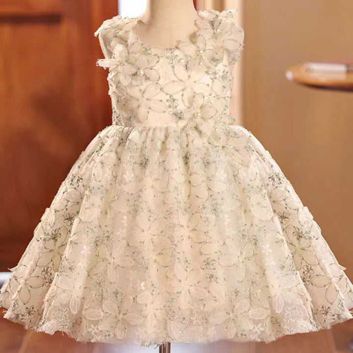 DreamyVow Elegant Beige Flower Girl Dress Knee Length with Flowers J040