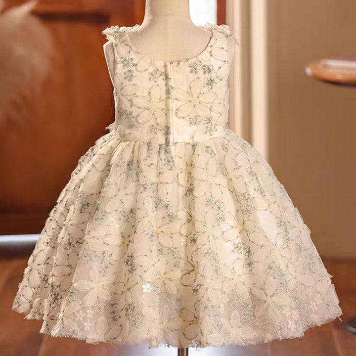 DreamyVow Elegant Beige Flower Girl Dress Knee Length with Flowers J040