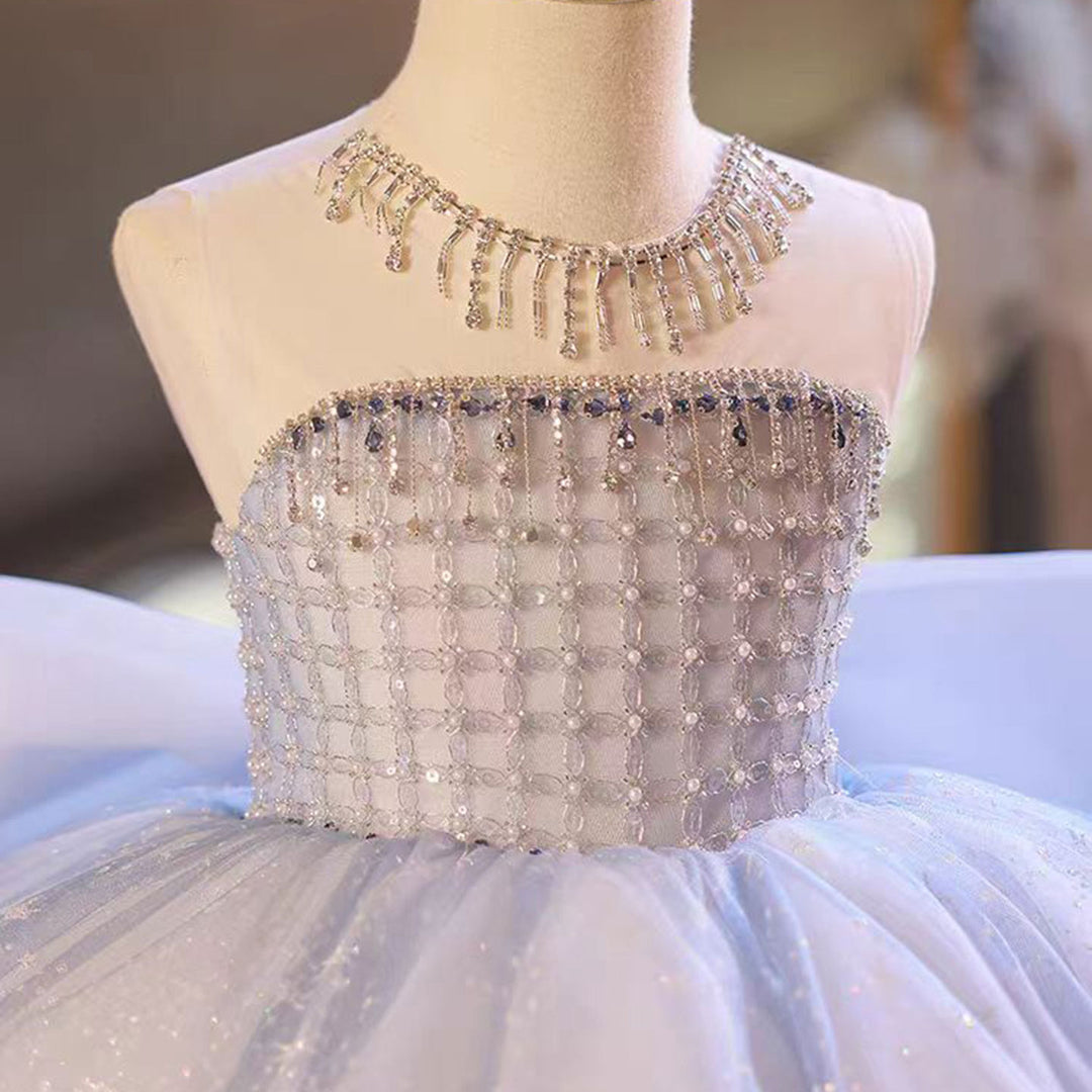 DreamyVow Luxury BLue Dubai Girl Dress Beaded Bow Arabic Princess Kids Wedding Birthday Party Long Ball Pageant Gown J135