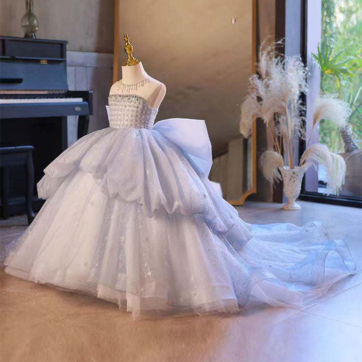 DreamyVow Luxury BLue Dubai Girl Dress Beaded Bow Arabic Princess Kids Wedding Birthday Party Long Ball Pageant Gown J135