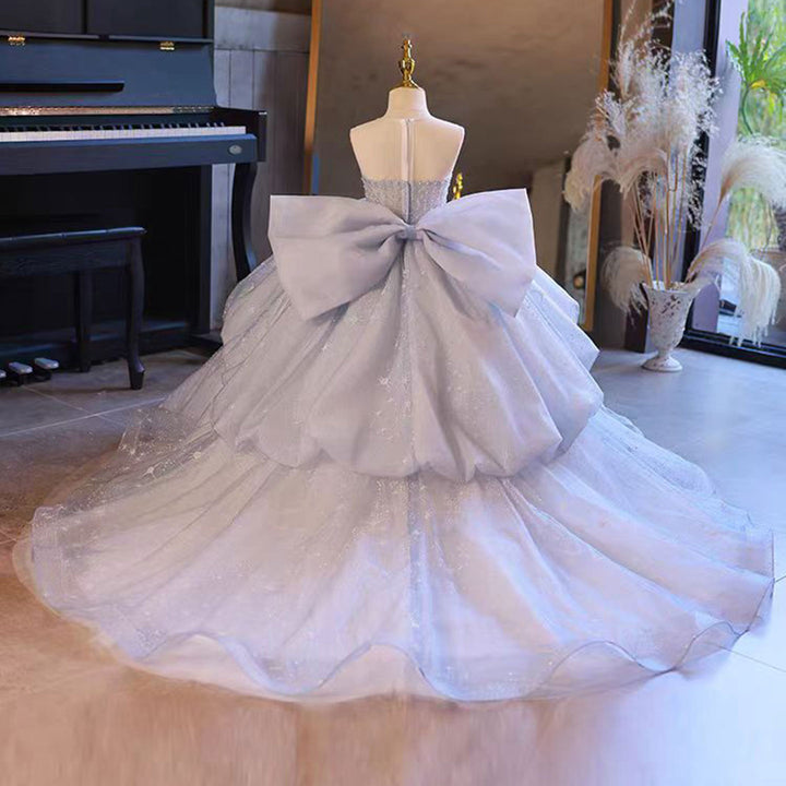 DreamyVow Luxury BLue Dubai Girl Dress Beaded Bow Arabic Princess Kids Wedding Birthday Party Long Ball Pageant Gown J135