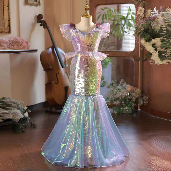 DreamyVow Luxury Purple Mermaid Girl Dress with Long Train J136