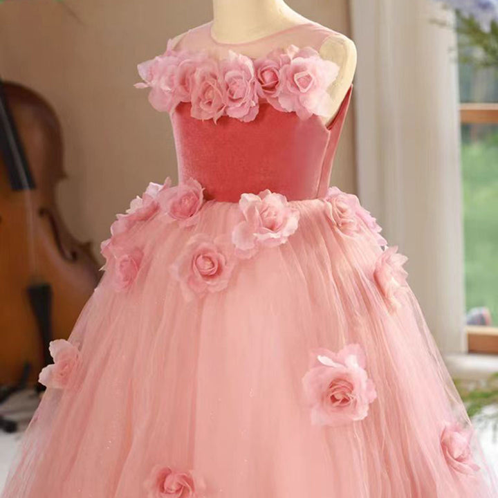 DreamyVow Pink Girl Dress Handmade Flowers for Kids Birthday Party J139