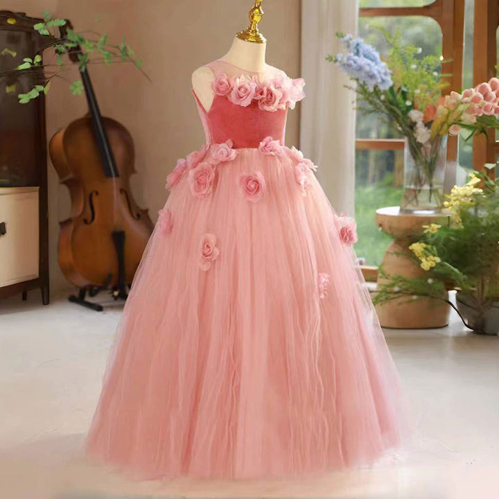 DreamyVow Pink Girl Dress Handmade Flowers for Kids Birthday Party J139