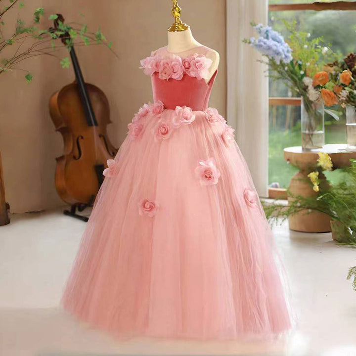 DreamyVow Pink Girl Dress Handmade Flowers for Kids Birthday Party J139