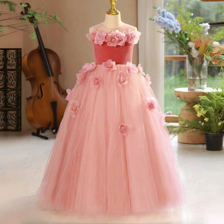 DreamyVow Pink Girl Dress Handmade Flowers for Kids Birthday Party J139