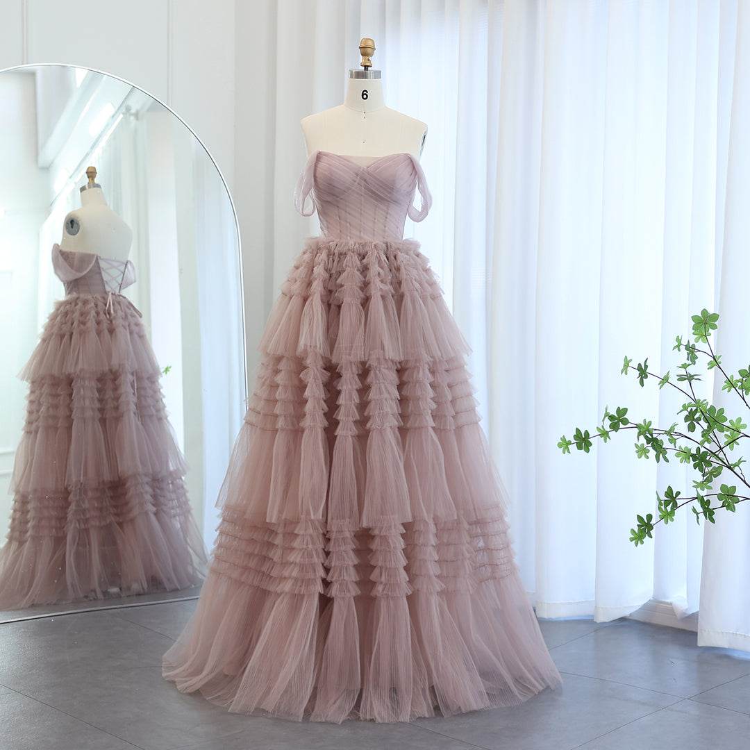 Dreamy Vow Blush Pink Off Shoulder Ruffles Evening Dress for Women Wedding Elegant Tiered Ball Gown Prom Party Desses SF087