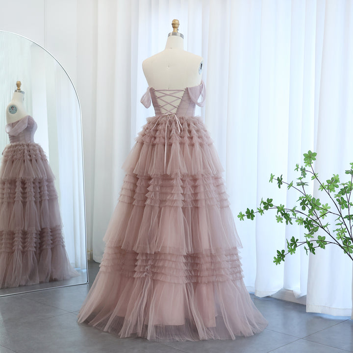 Dreamy Vow Blush Pink Off Shoulder Ruffles Evening Dress for Women Wedding Elegant Tiered Ball Gown Prom Party Desses SF087
