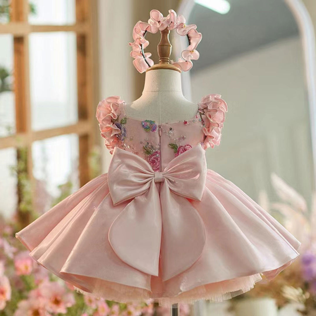 DreamyVow Elegant Dubai Pink Girl Dress 3D Flowers with Hairband for Kids Wedding Birthday Communion Party Pageant 2024 J026