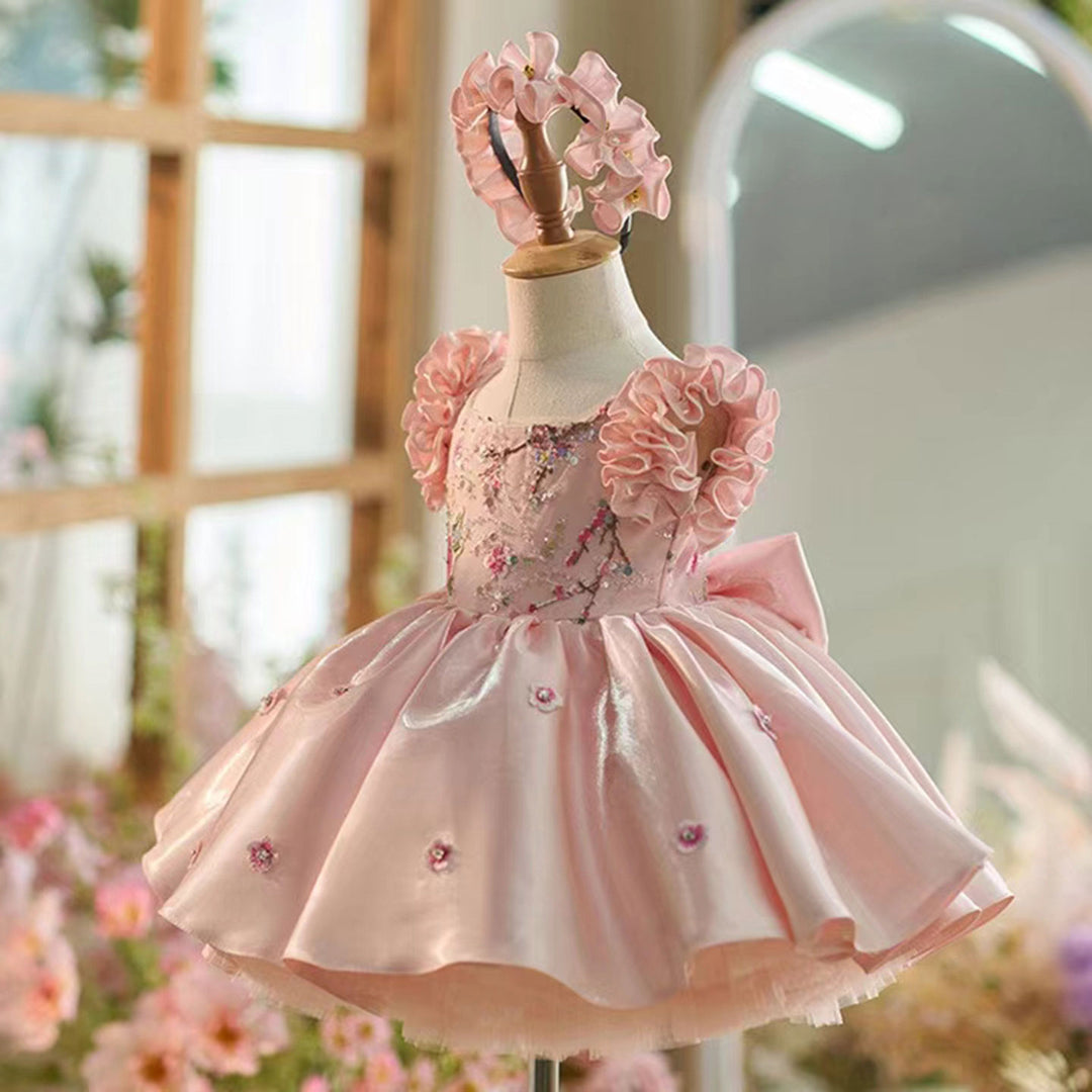 DreamyVow Elegant Dubai Pink Girl Dress 3D Flowers with Hairband for Kids Wedding Birthday Communion Party Pageant 2024 J026