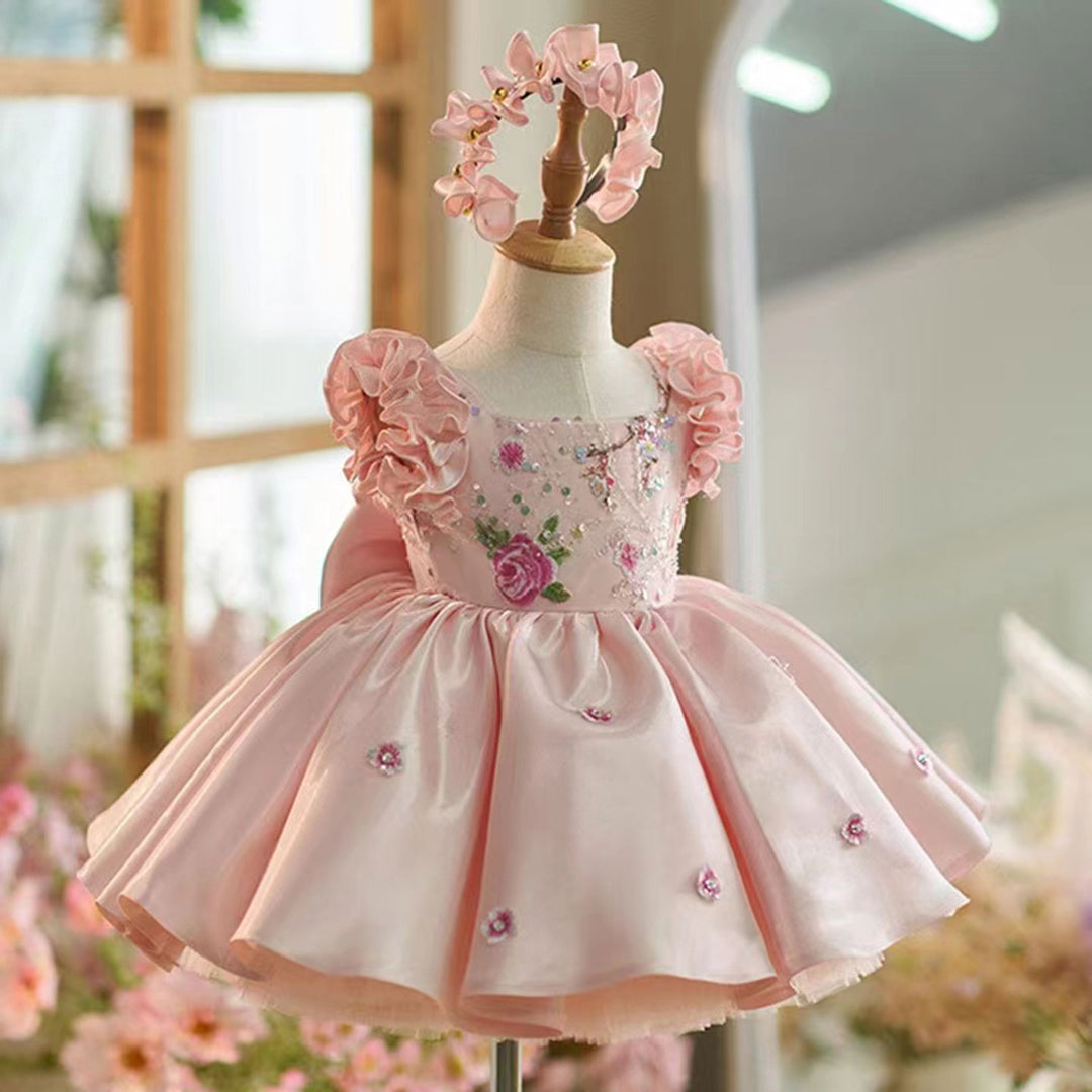 DreamyVow Elegant Dubai Pink Girl Dress 3D Flowers with Hairband for Kids Wedding Birthday Communion Party Pageant 2024 J026