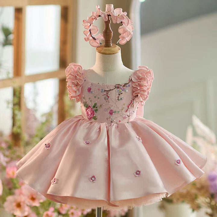 DreamyVow Elegant Dubai Pink Girl Dress 3D Flowers with Hairband for Kids Wedding Birthday Communion Party Pageant 2024 J026