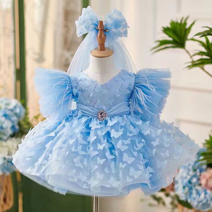 DreamyVow Elegant Blue Puffy Sleeve Flower Girl Dress Knee Length J058