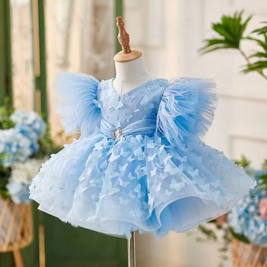 DreamyVow Elegant Blue Puffy Sleeve Flower Girl Dress Knee Length J058