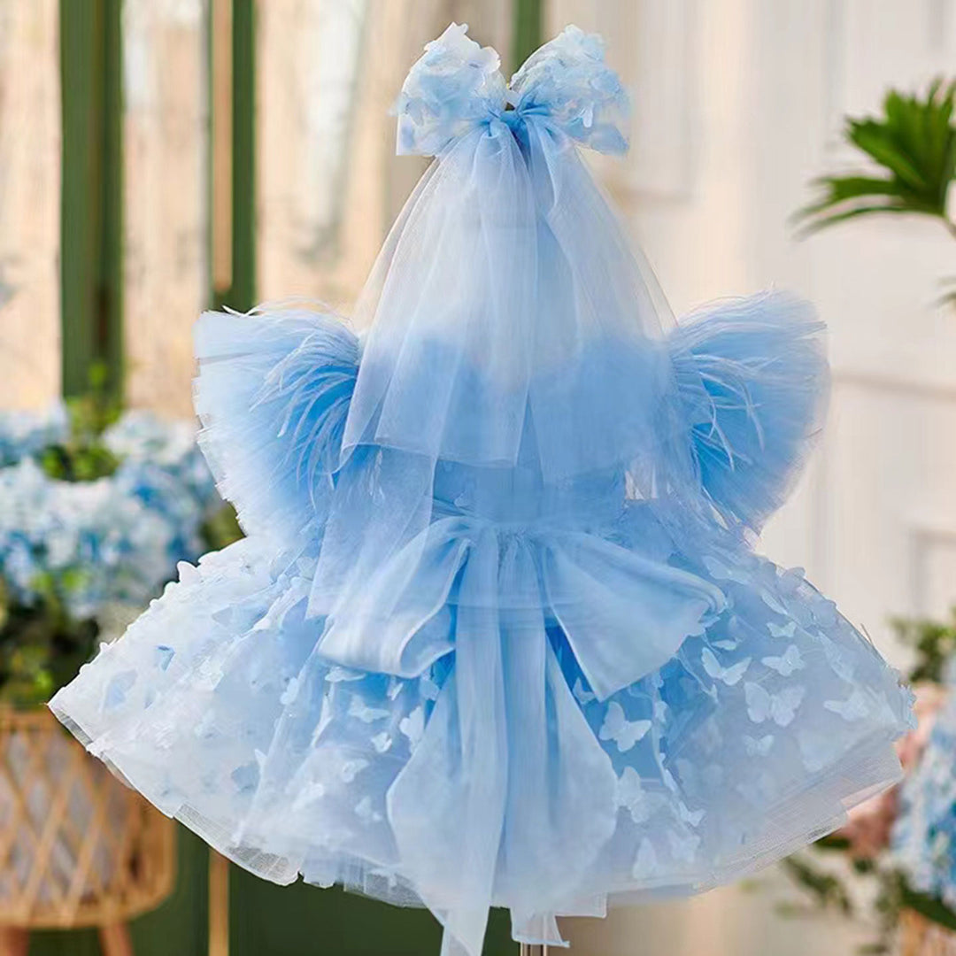 DreamyVow Elegant Blue Puffy Sleeve Flower Girl Dress Knee Length J058