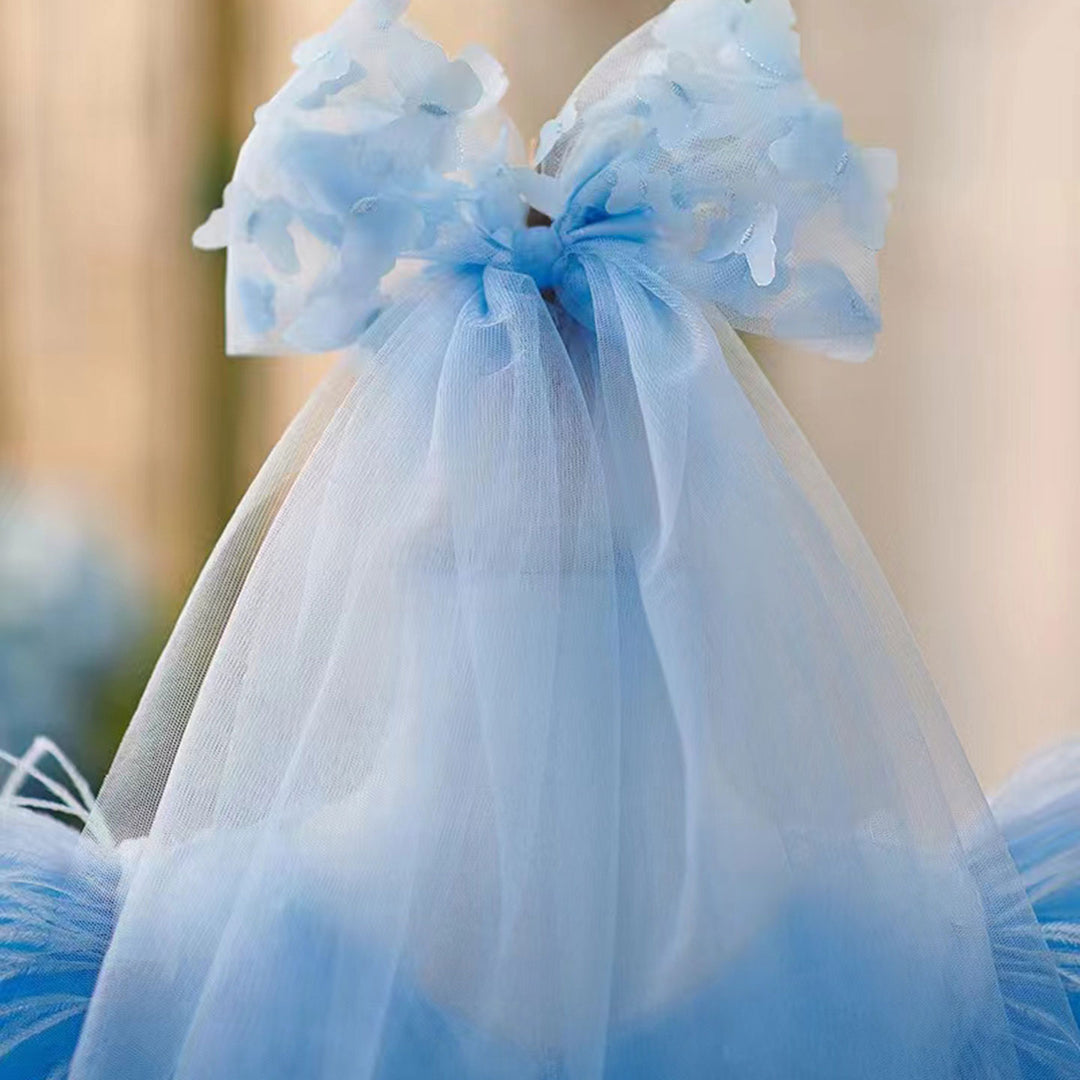 DreamyVow Elegant Blue Puffy Sleeve Flower Girl Dress Knee Length J058