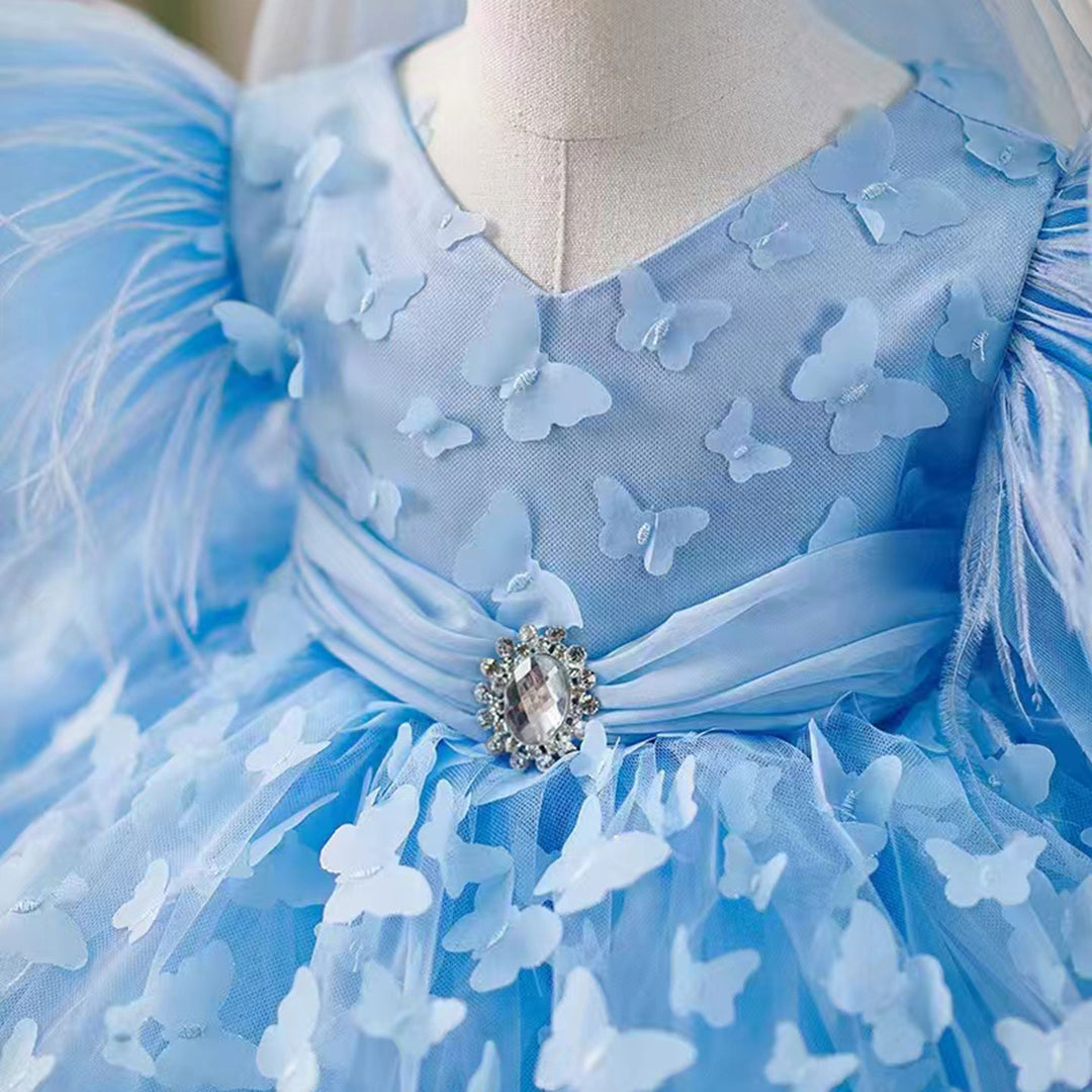 DreamyVow Elegant Blue Puffy Sleeve Flower Girl Dress Knee Length J058