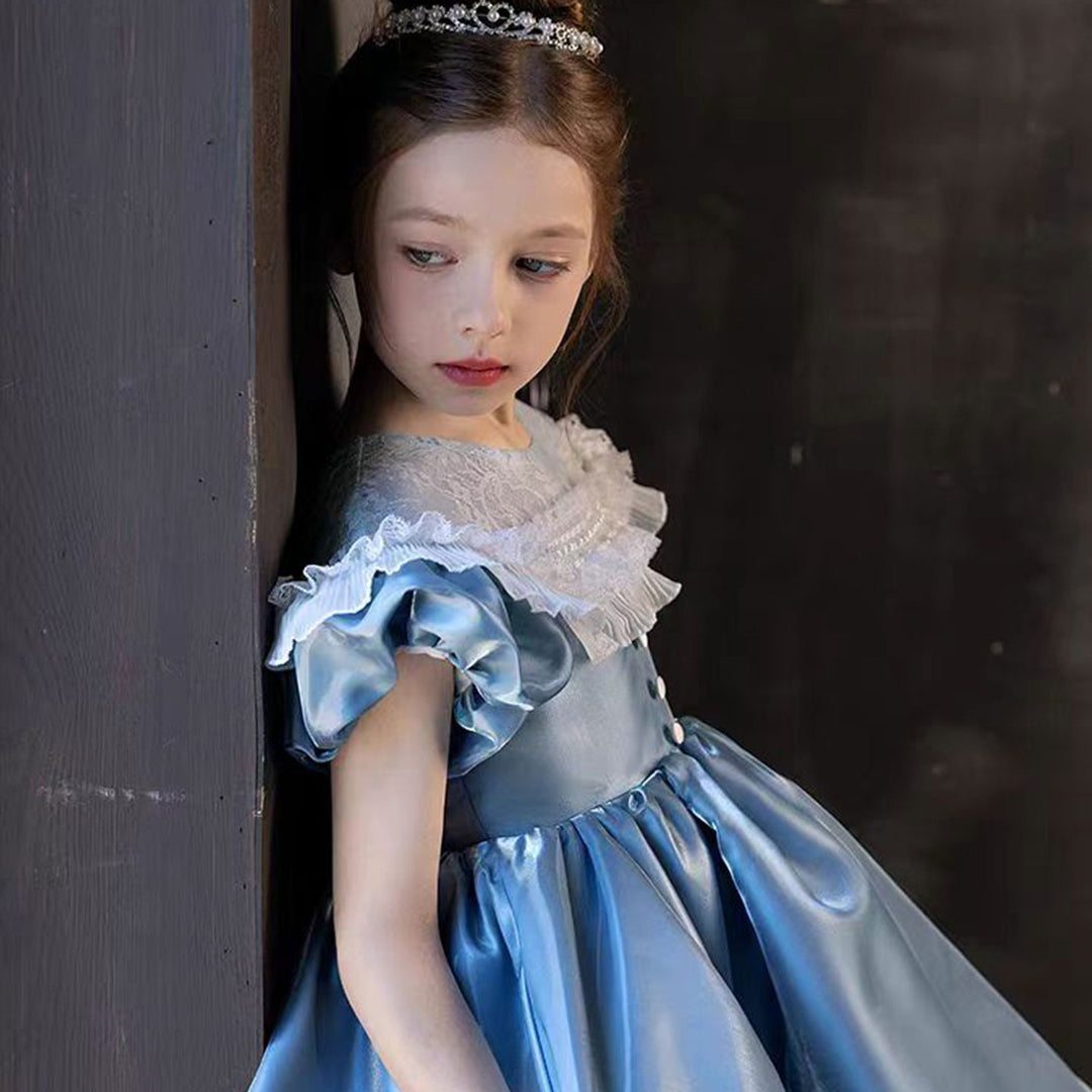 DreamyVow Elegant Blue Flower Girl Dress Arabic Princess Kids Dubai Wedding Birthday Party Gowns vestidos de novia J090