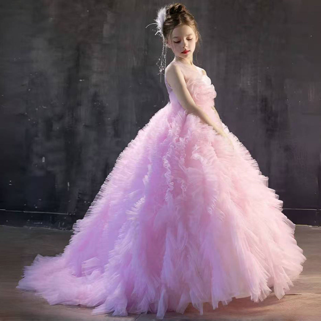 DreamyVow Luxury Pink Girl Dress Handmade Flowers Kids Princess Birthday Wedding Party Children Holy Communion Gown 2024 J039