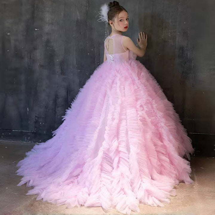 DreamyVow Luxury Pink Girl Dress Handmade Flowers Kids Princess Birthday Wedding Party Children Holy Communion Gown 2024 J039