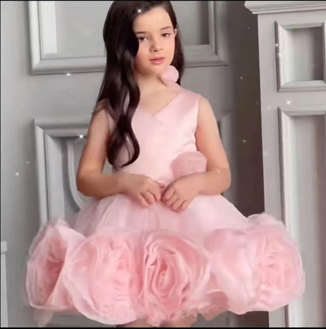 DreamyVow Elegant Pink Arab Girl Dress Handmade Flowers V-Neck Kids Princess Birthday Wedding Party Gown J158-DreamyVow