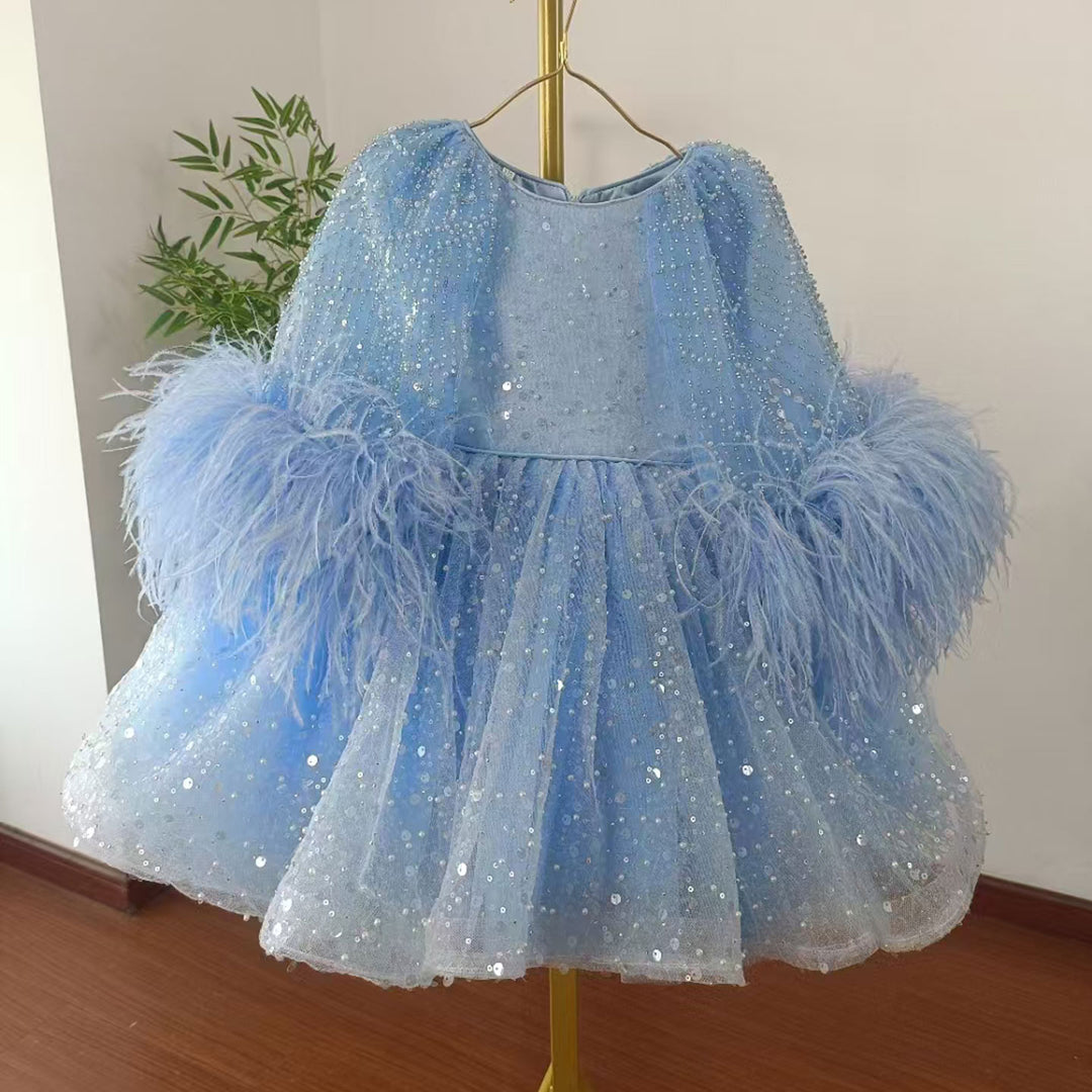 DreamyVow Luxury Blue Girl Dress Feathers Cap Sleeve Kid Princess Wedding Birthday Holiday Party Gown J170